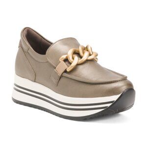 NEROGIARDINI Made In Italy Leather Chain Platform Slip On Shoes